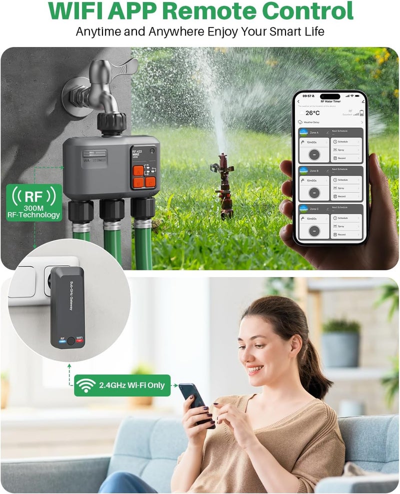 johgee WiFi Sprinkler Timer 3 Zone with 984 Feet RF Gateway, 3 Outlet Smart Water Timer for Garden Hose with Rain Delay/Manual/Automatic,WiFi Water Hose Timers for Garden & Lawns - Image 2